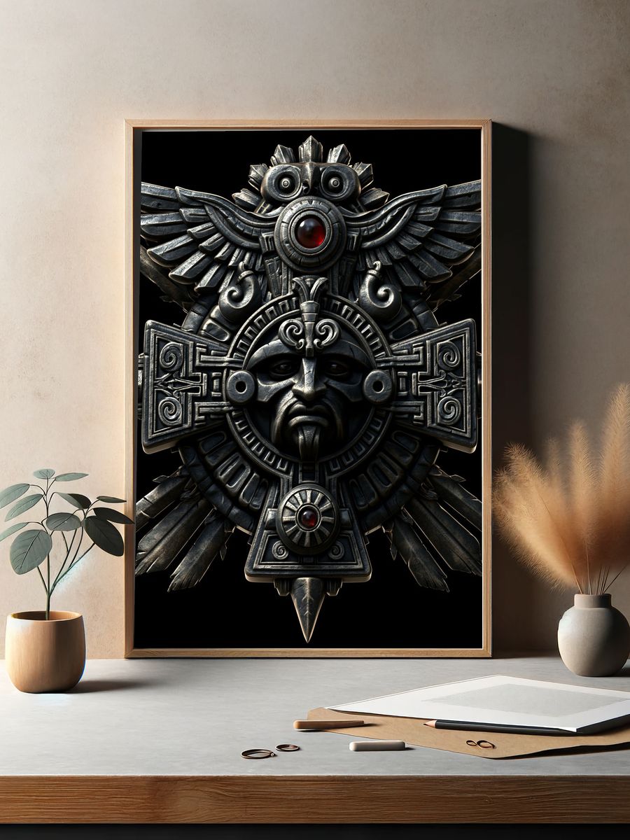 Aztec Stone Mask Illustration Poster. — room view 2