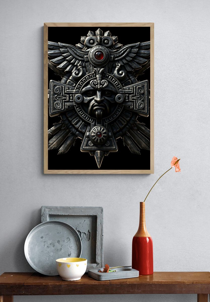 Aztec Stone Mask Illustration Poster. — room view 3