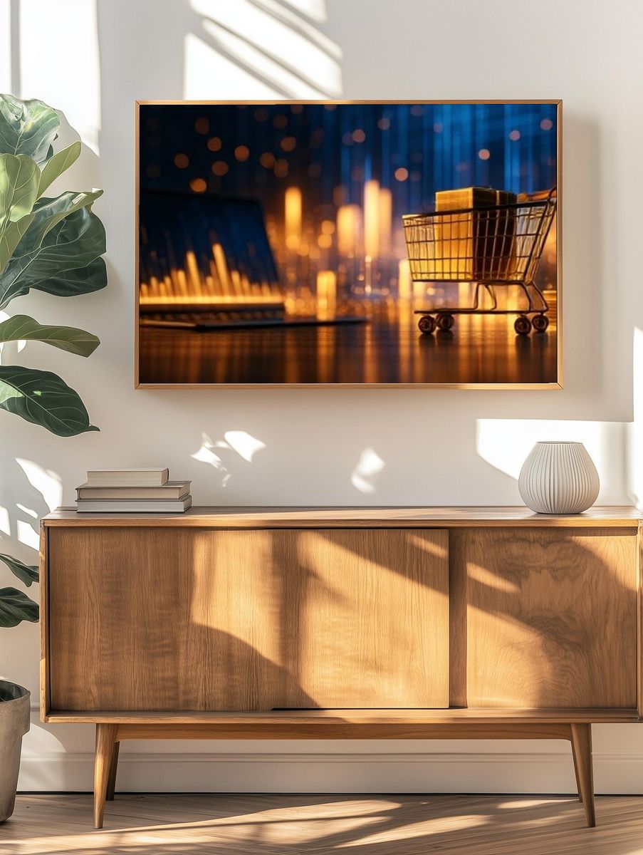 Golden Shopping Cart Digital Art Poster. — room view 3