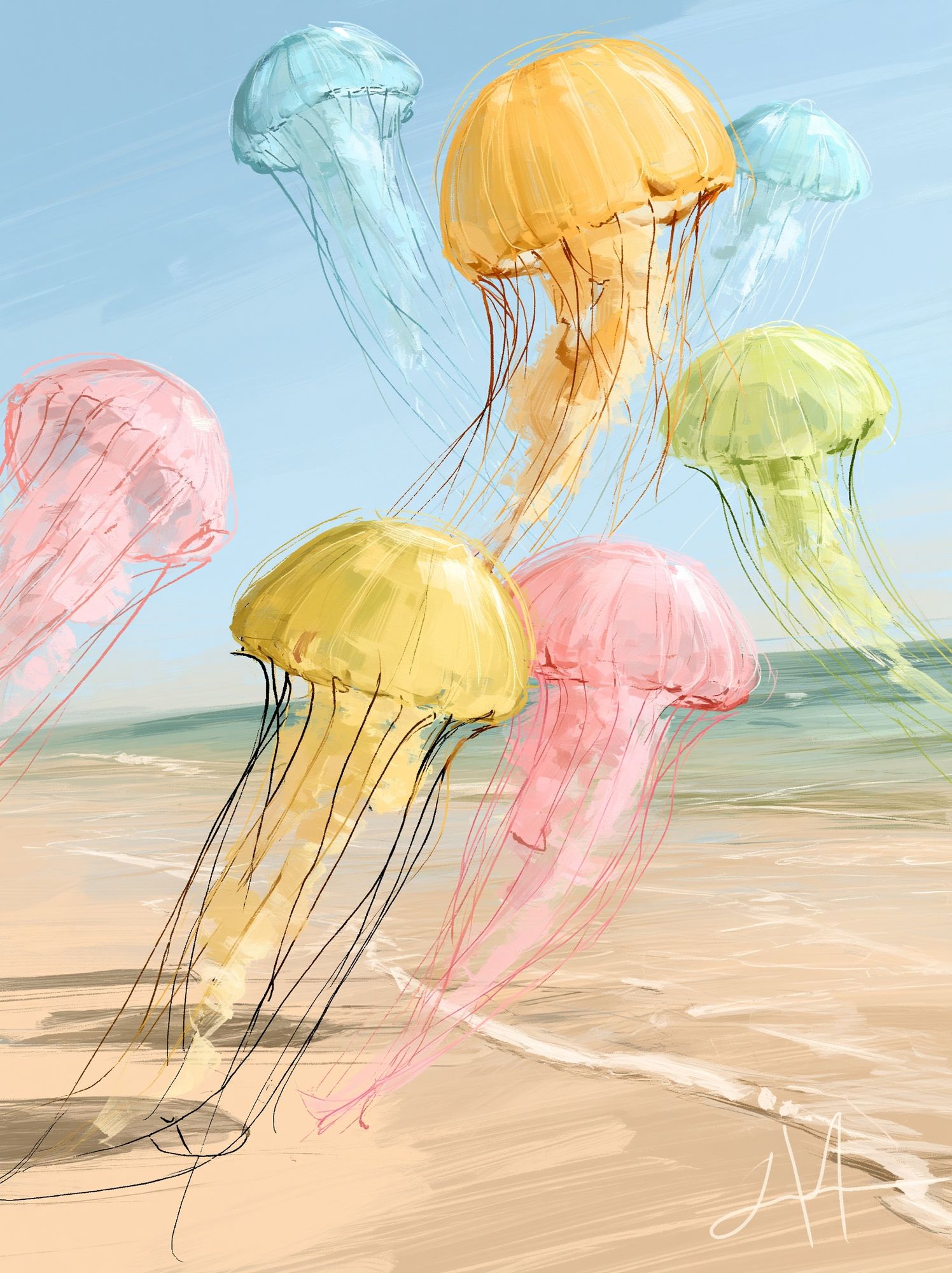Pastel Jellyfish Beach Poster. poster detail