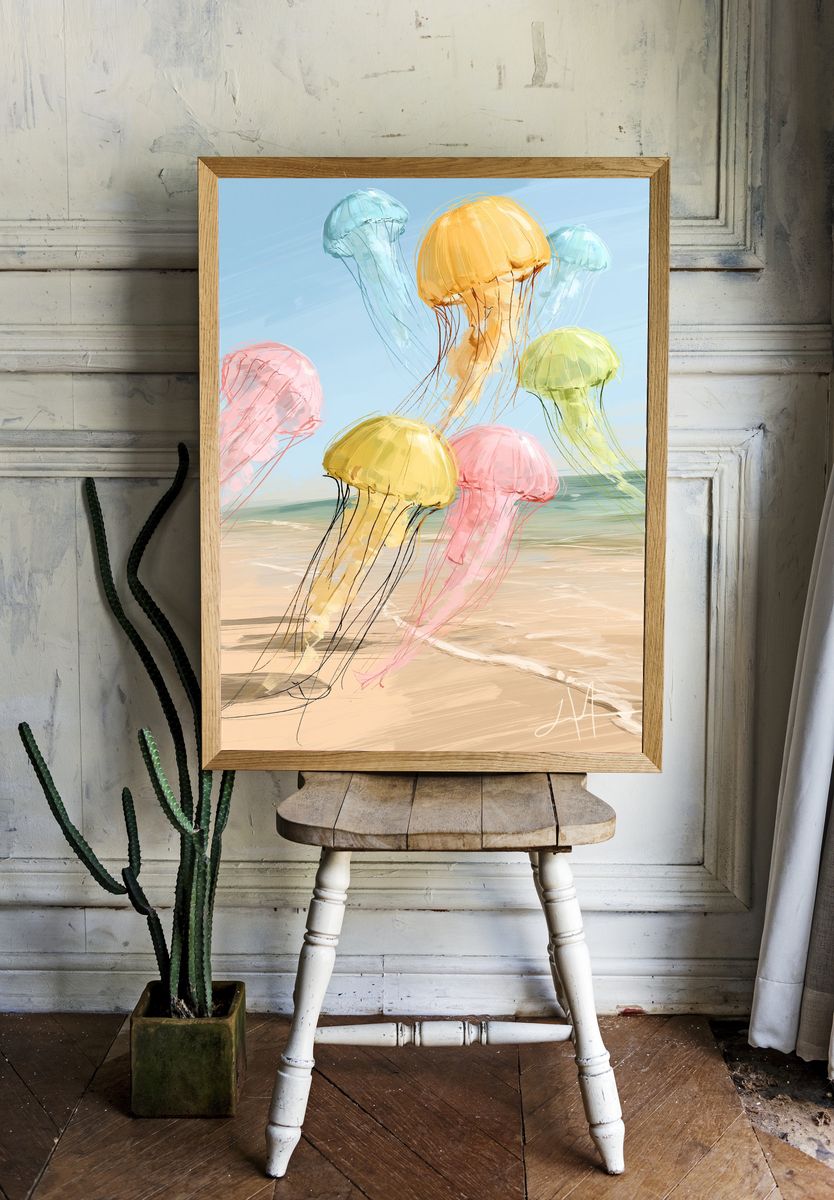 Pastel Jellyfish Beach Poster. room preview