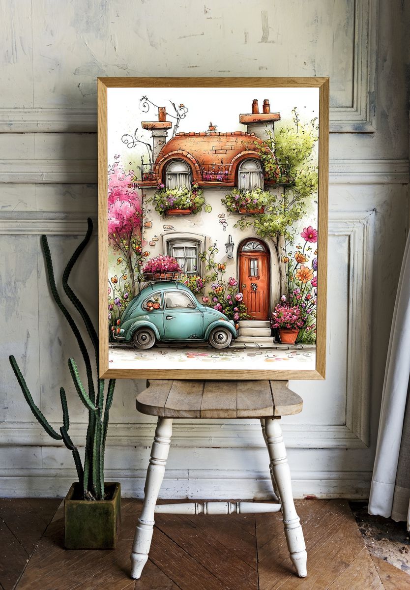 Flower Cottage with Vintage Car Poster. — room view 1