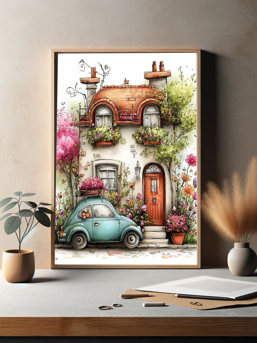 Flower Cottage with Vintage Car Poster. — room view 2