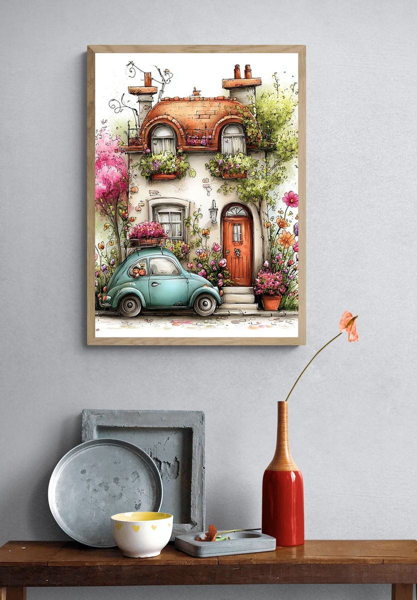 Flower Cottage with Vintage Car Poster. — room view 3