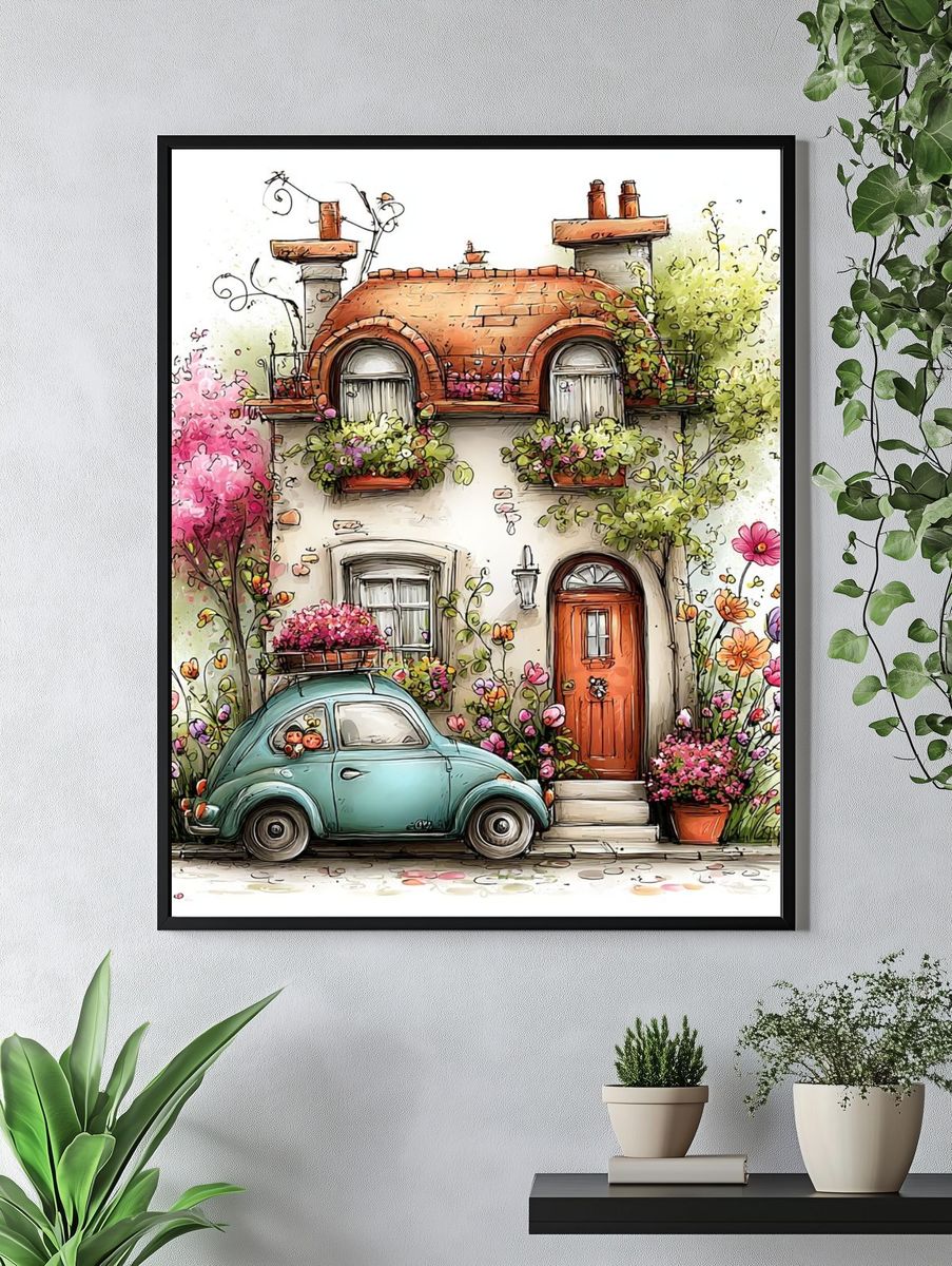 Flower Cottage with Vintage Car Poster. — room view 4