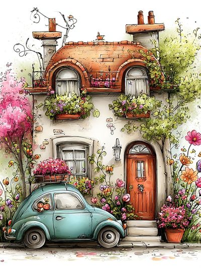 Flower Cottage with Vintage Car Poster. poster print