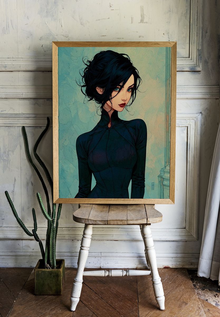 Elegant Dark-Haired Portrait Print. room preview