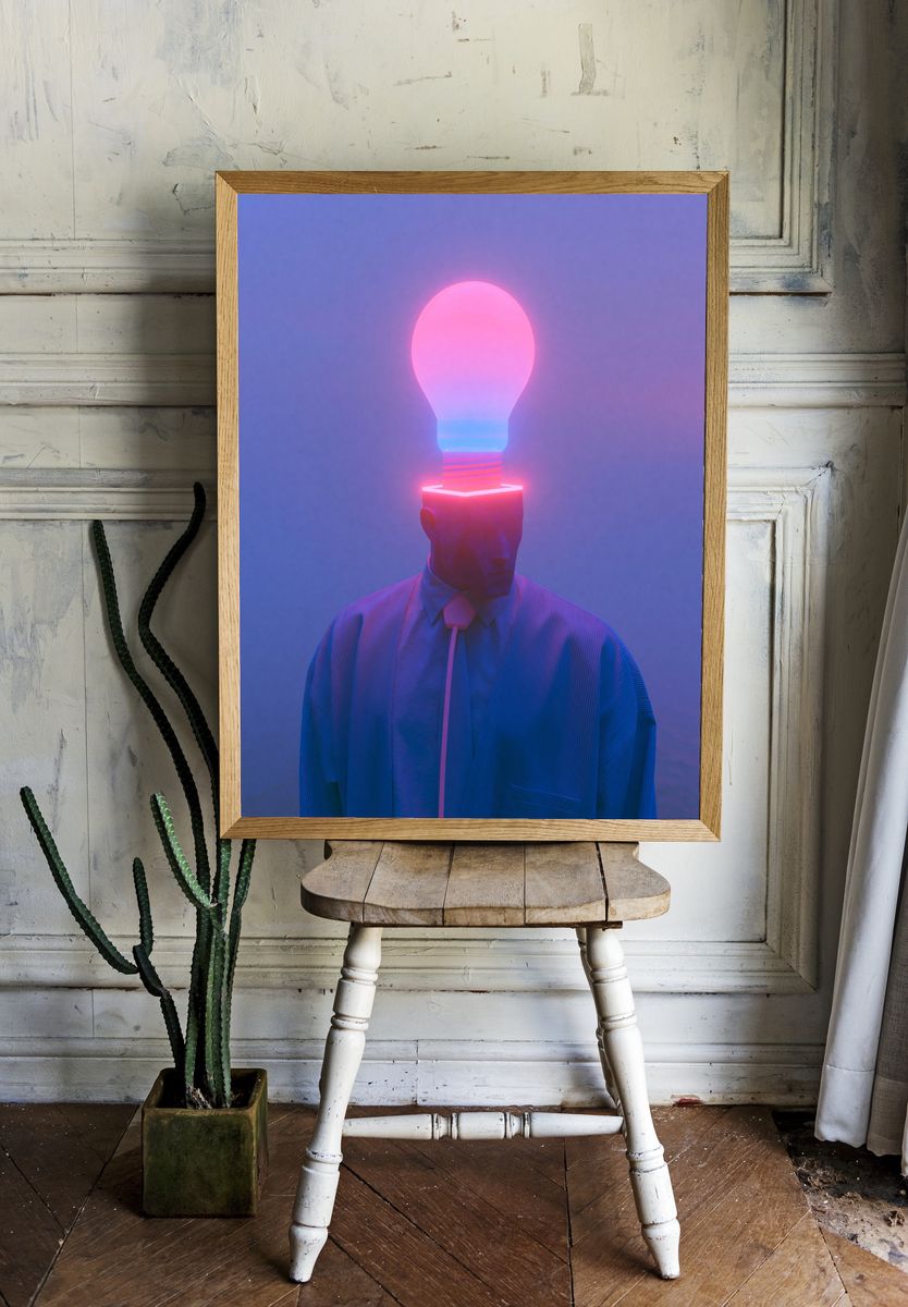 Neon Lightbulb Portrait Print. — room view 1