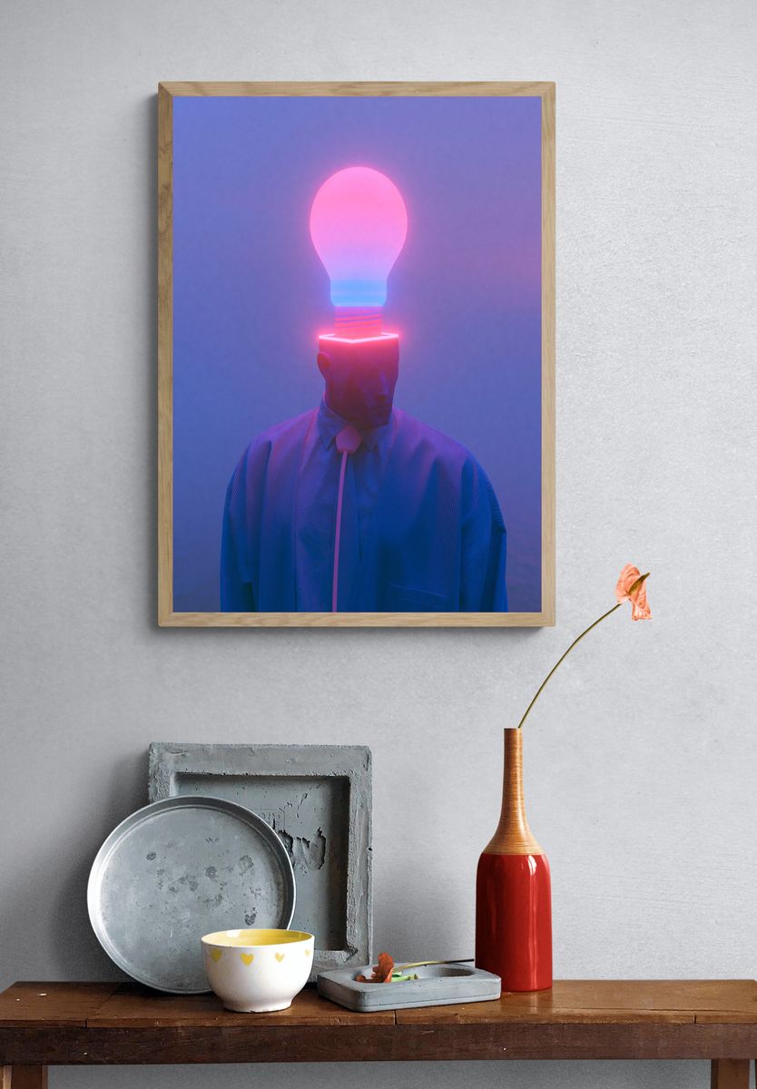 Neon Lightbulb Portrait Print. — room view 3