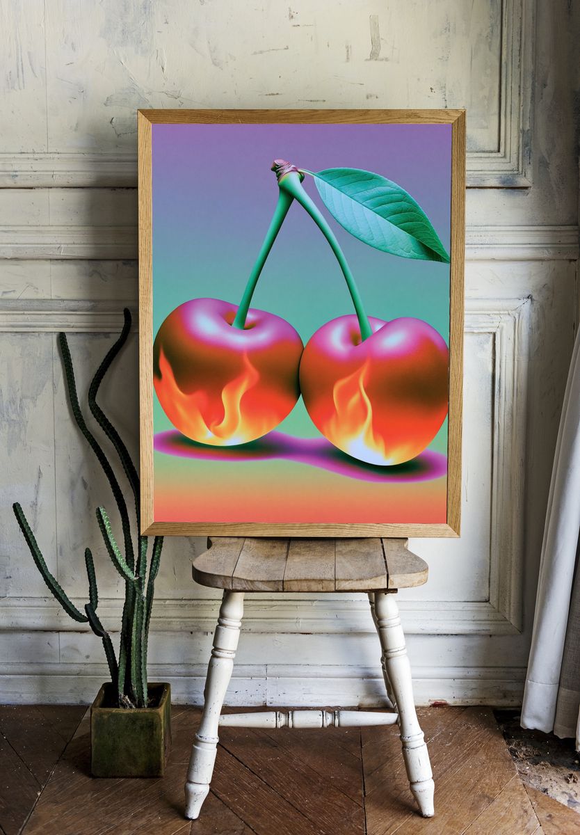 Flaming Cherries Illustration Poster. room preview