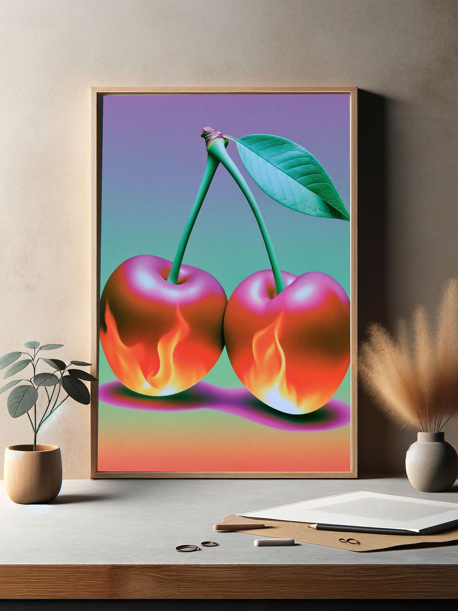Flaming Cherries Illustration Poster. — room view 2