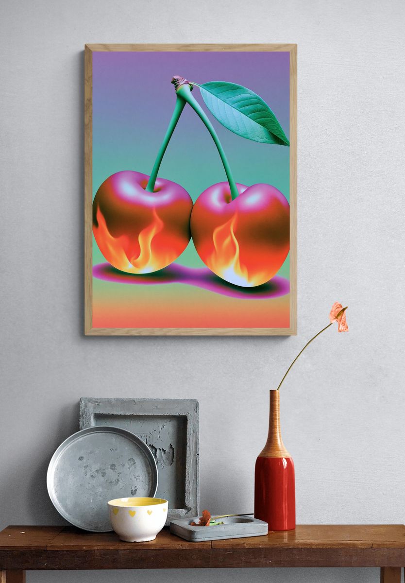 Flaming Cherries Illustration Poster. — room view 3