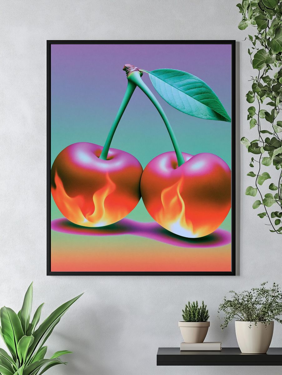 Flaming Cherries Illustration Poster. — room view 4