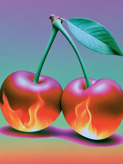 Flaming Cherries Illustration Poster.