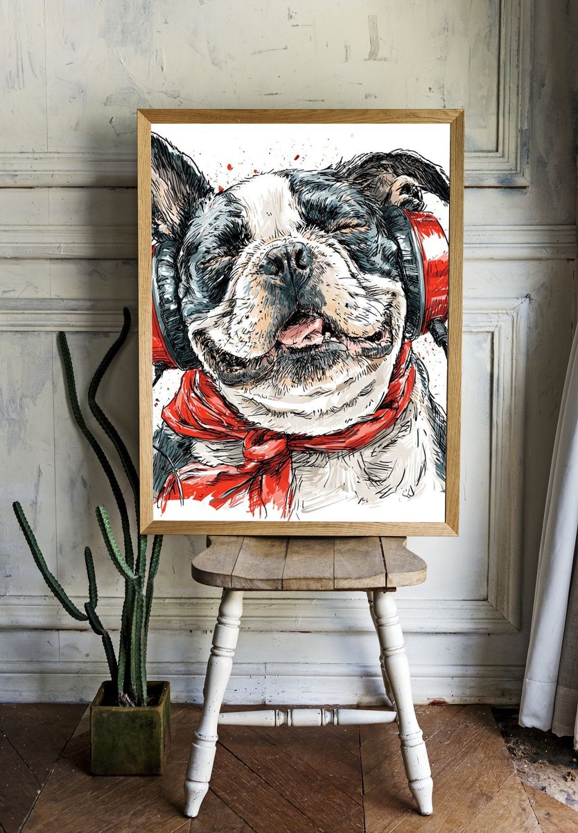 Headphone Bulldog Illustration Poster. — room view 1