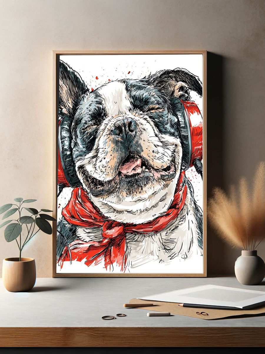 Headphone Bulldog Illustration Poster. — room view 2
