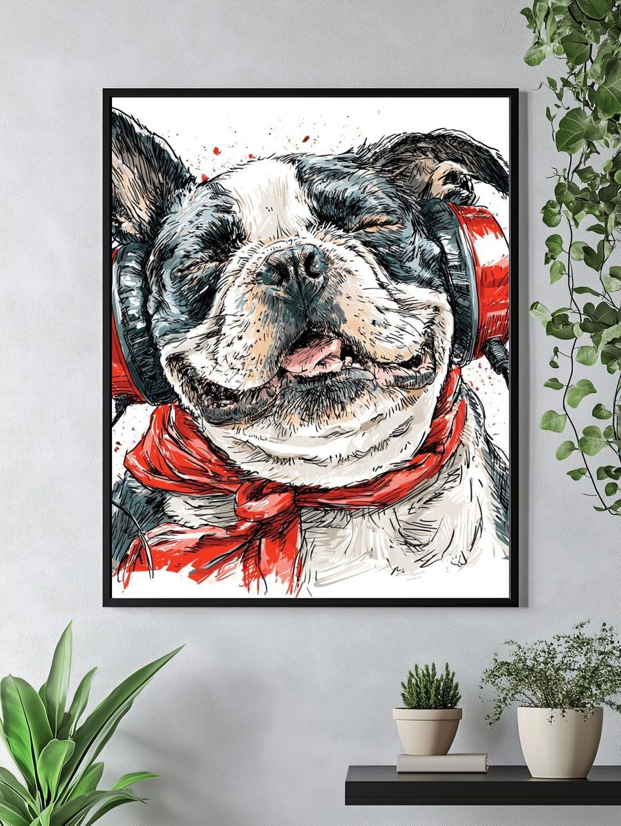 Headphone Bulldog Illustration Poster. — room view 4