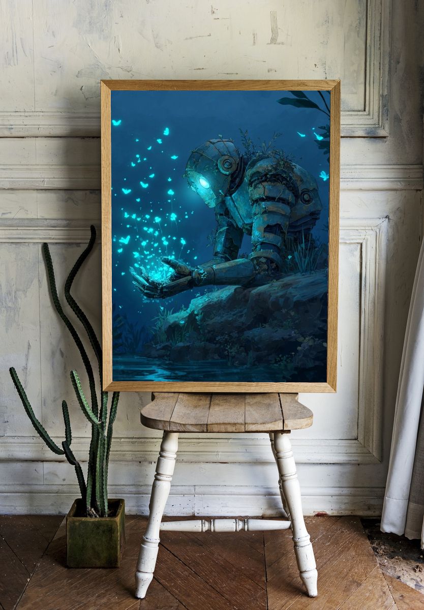Glowing Robot in Moonlit Forest Print. — room view 1