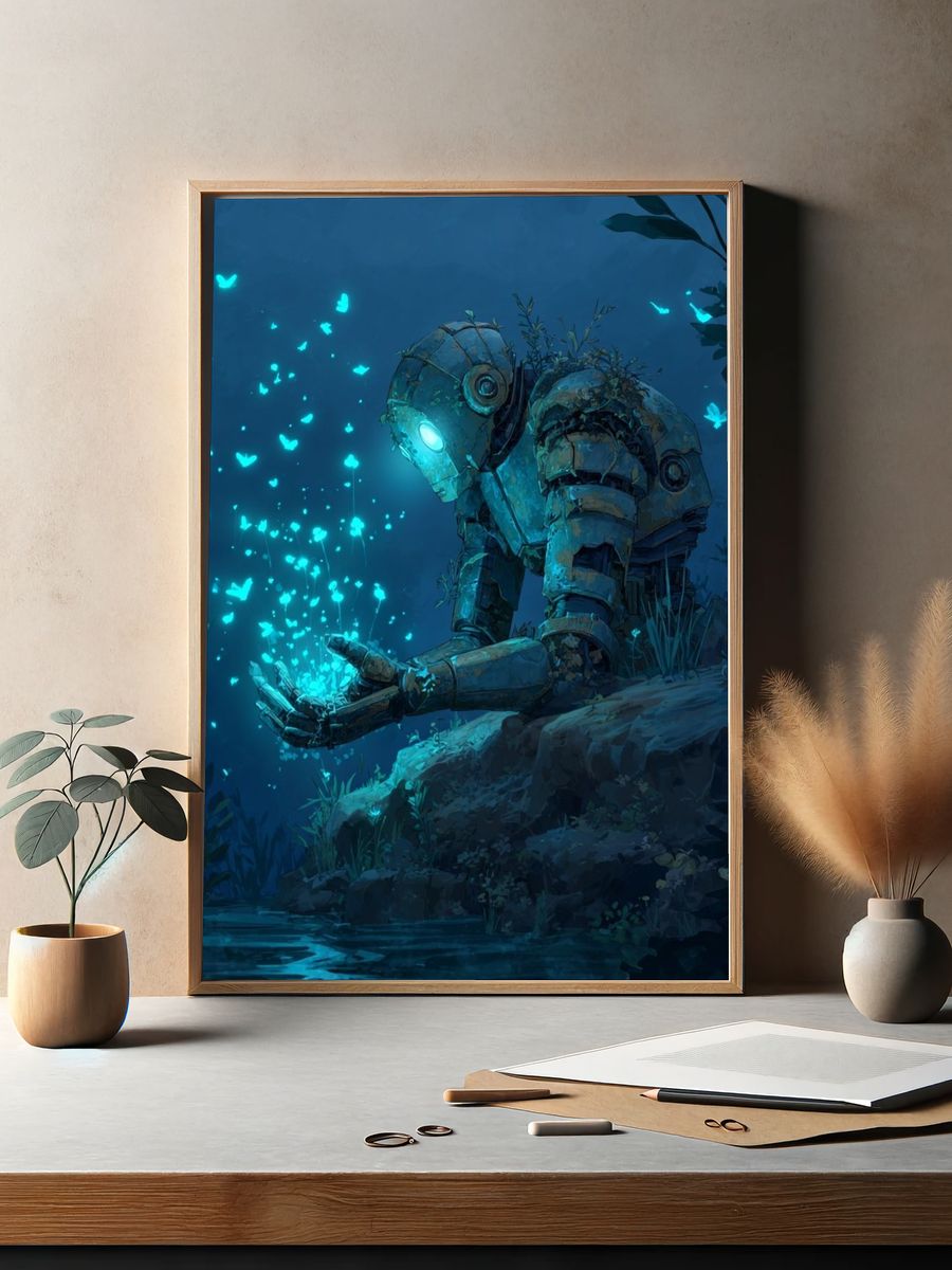Glowing Robot in Moonlit Forest Print. — room view 2
