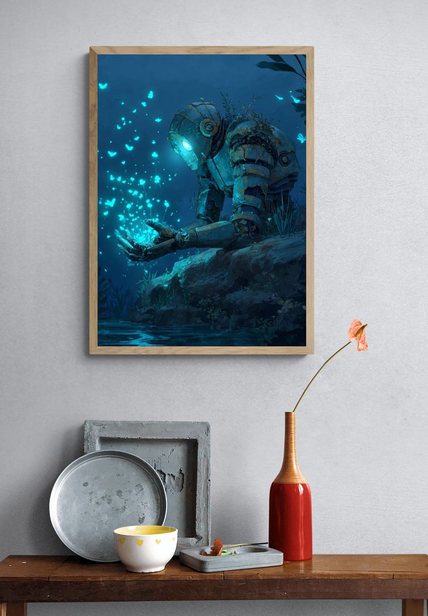Glowing Robot in Moonlit Forest Print. — room view 3