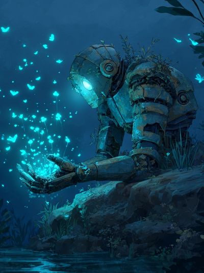 Glowing Robot in Moonlit Forest Print.