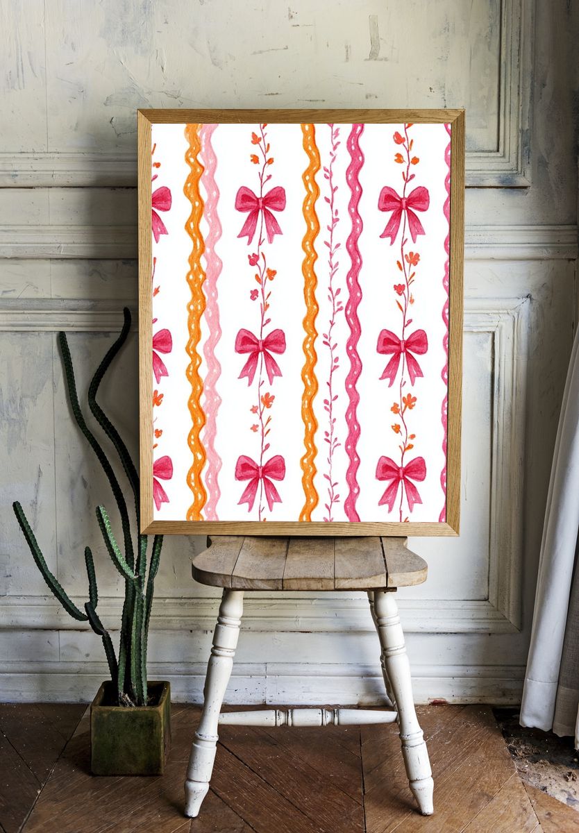 Pink Bow Floral Pattern Print. — room view 1