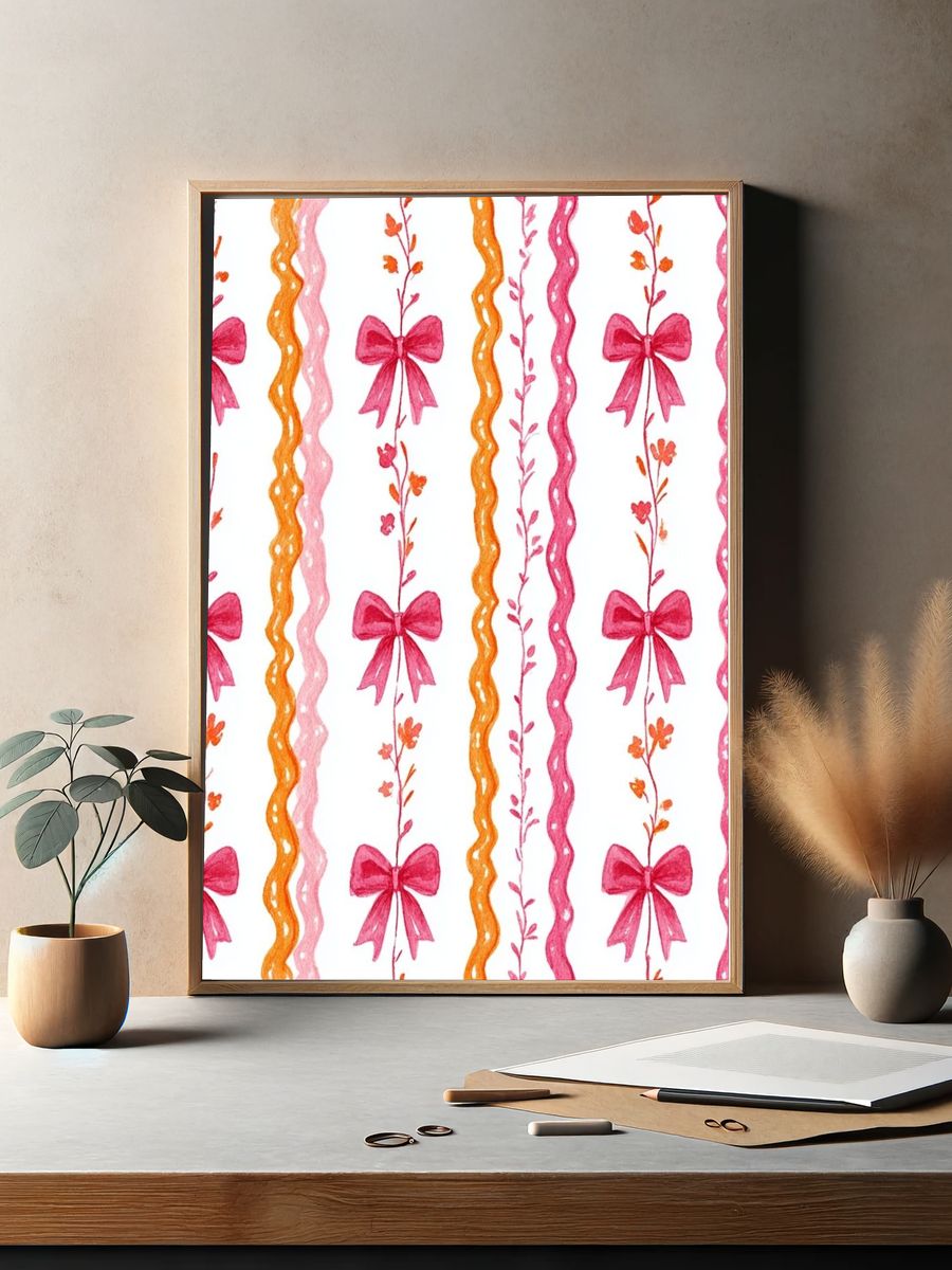 Pink Bow Floral Pattern Print. — room view 2
