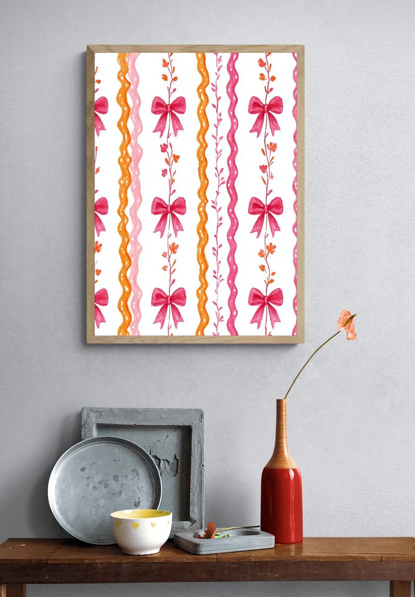Pink Bow Floral Pattern Print. — room view 3