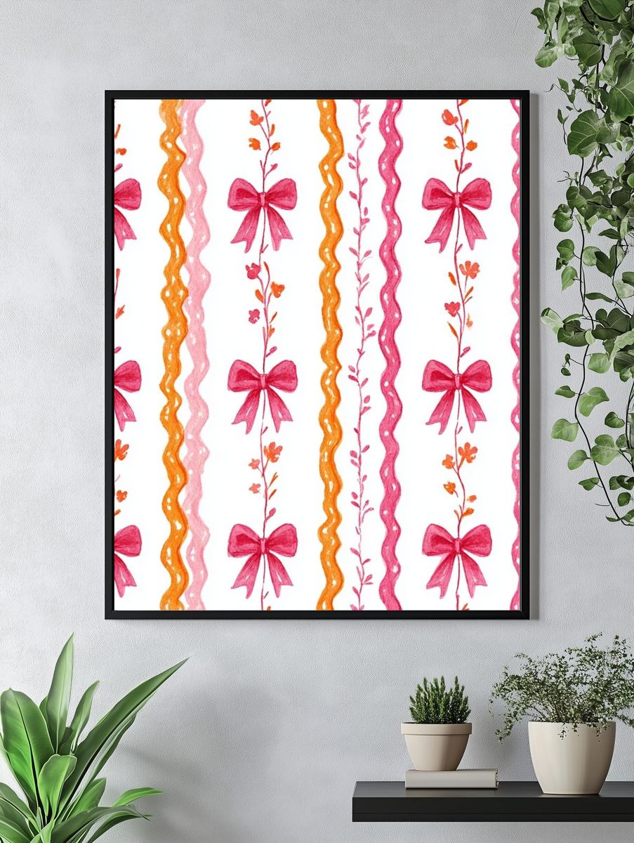 Pink Bow Floral Pattern Print. — room view 4