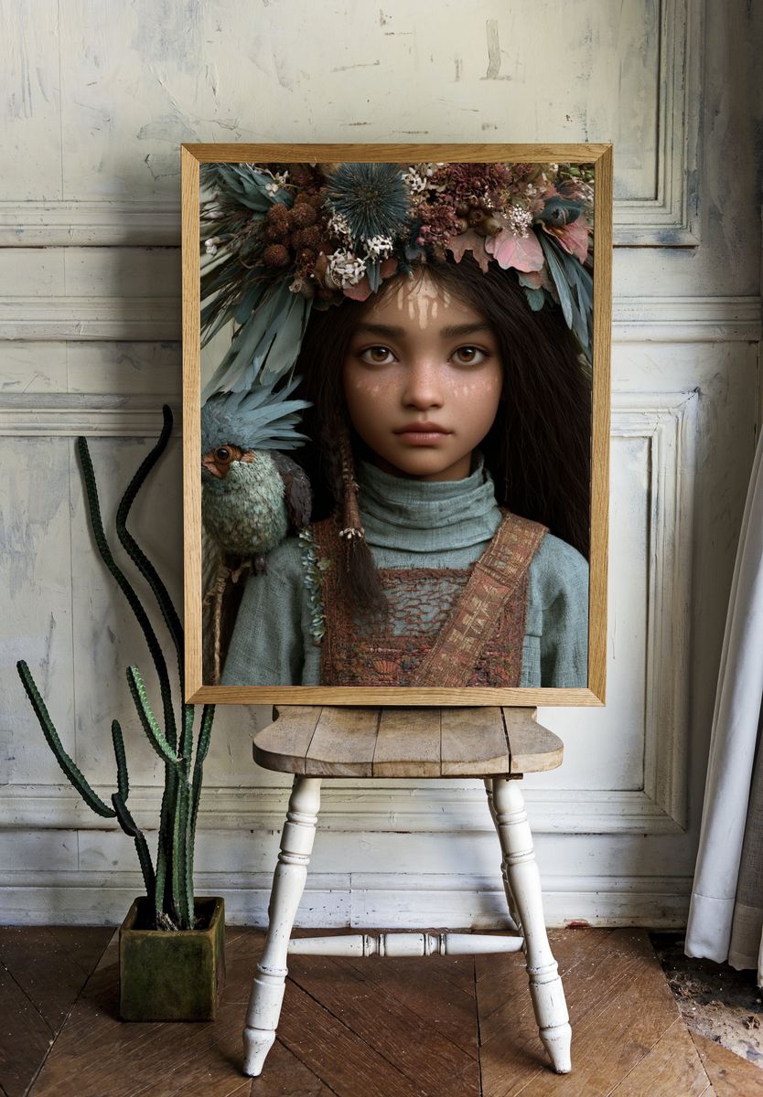 Floral Bird Portrait Illustration Print. room preview