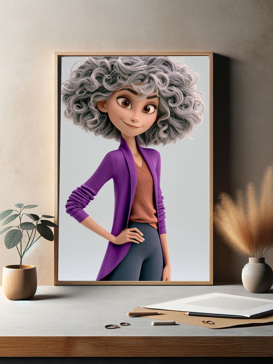 Curly-Haired Character Illustration Poster. — room view 2