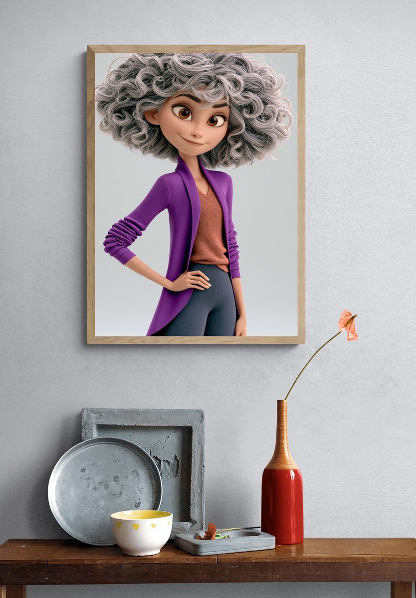 Curly-Haired Character Illustration Poster. — room view 3