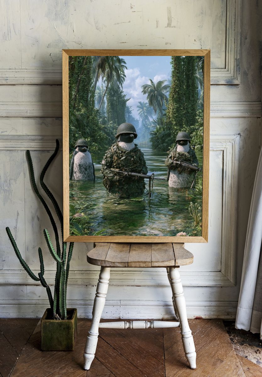 Penguin Jungle Patrol Illustration Poster. — room view 1