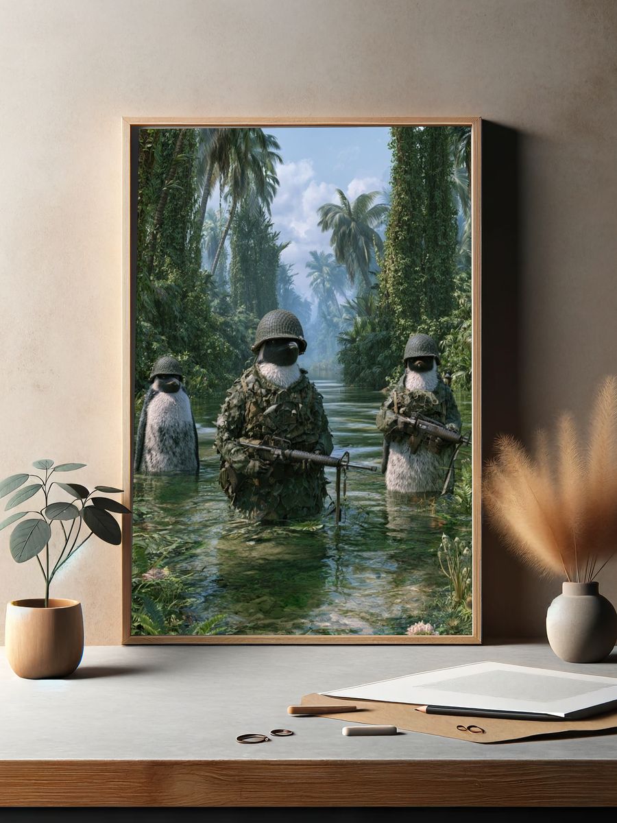Penguin Jungle Patrol Illustration Poster. — room view 2