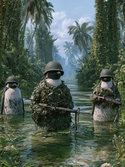 Penguin Jungle Patrol Illustration Poster. poster