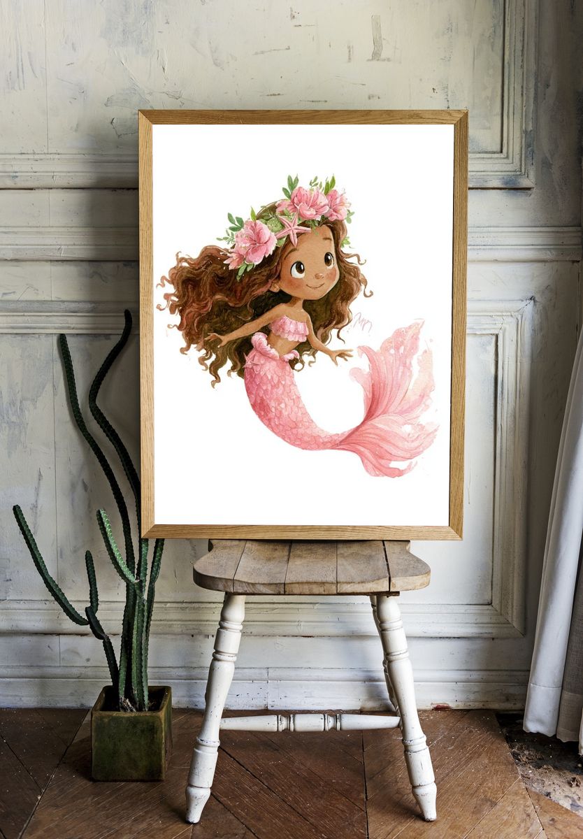 Pink Mermaid Watercolor Print. — room view 1