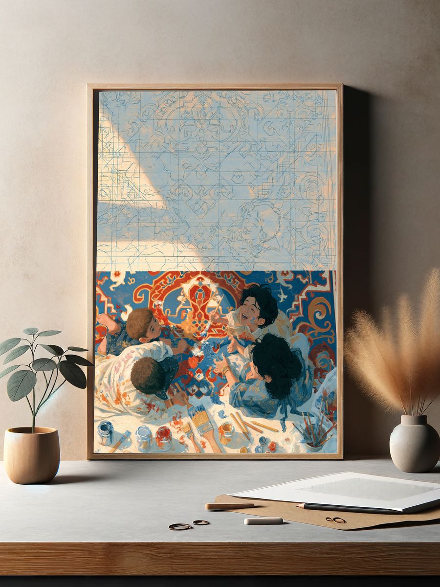 Children Painting Together Illustration Poster. — room view 2