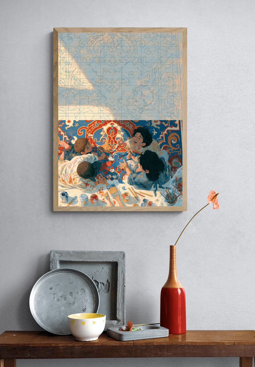 Children Painting Together Illustration Poster. — room view 3