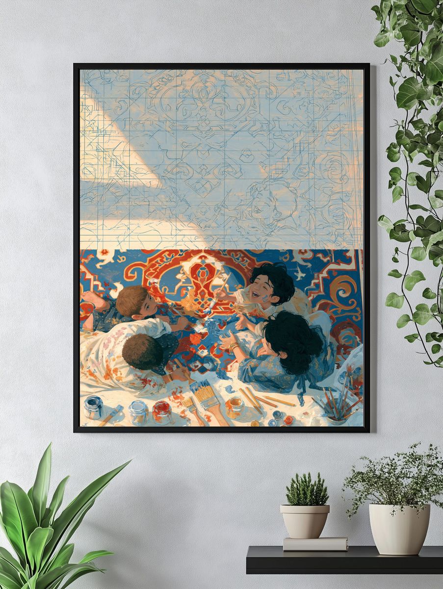 Children Painting Together Illustration Poster. — room view 4