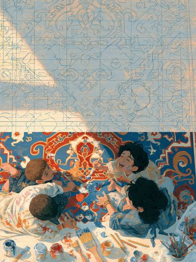 Children Painting Together Illustration Poster.