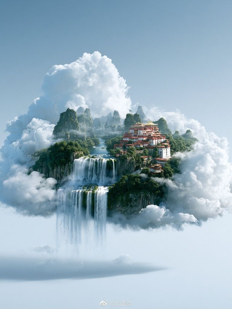 Cloud Temple Waterfall Fantasy Print. poster — illustration art