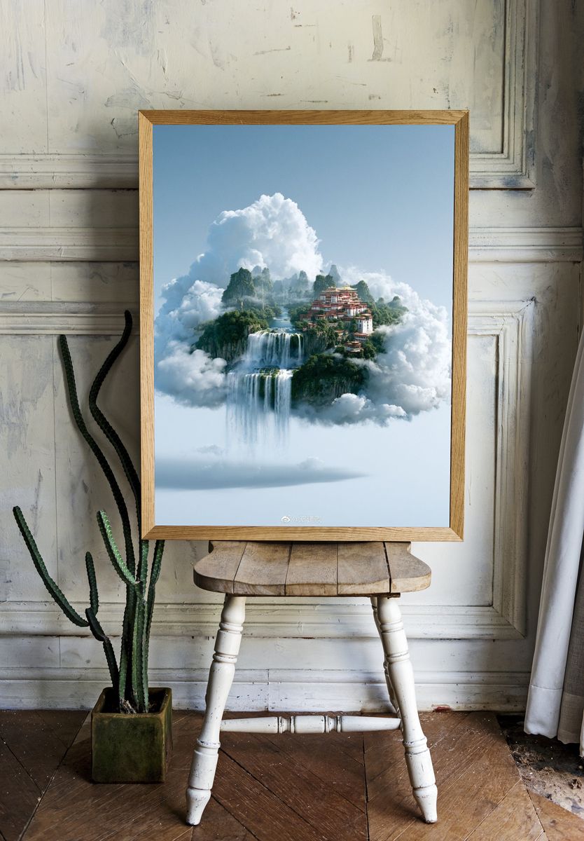 Cloud Temple Waterfall Fantasy Print. — room view 1