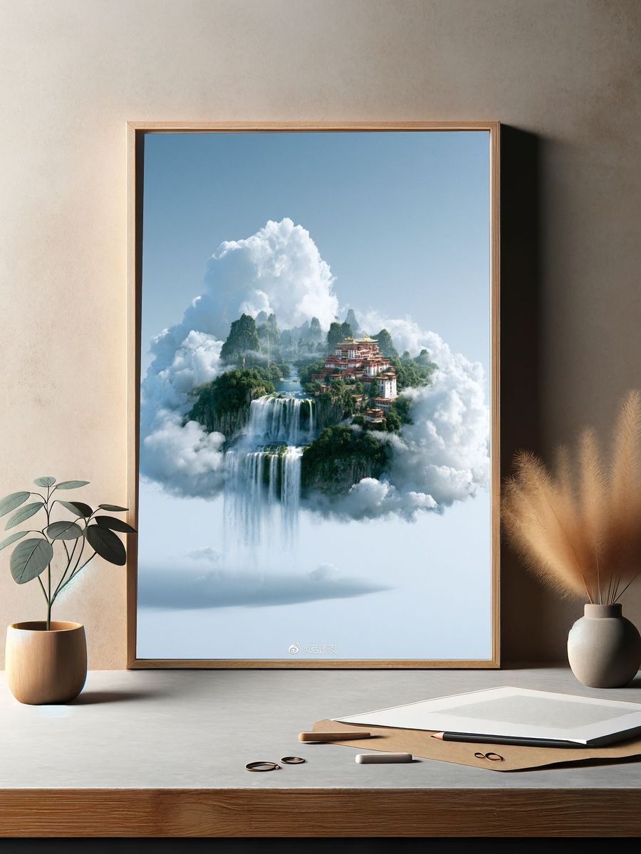 Cloud Temple Waterfall Fantasy Print. — room view 2