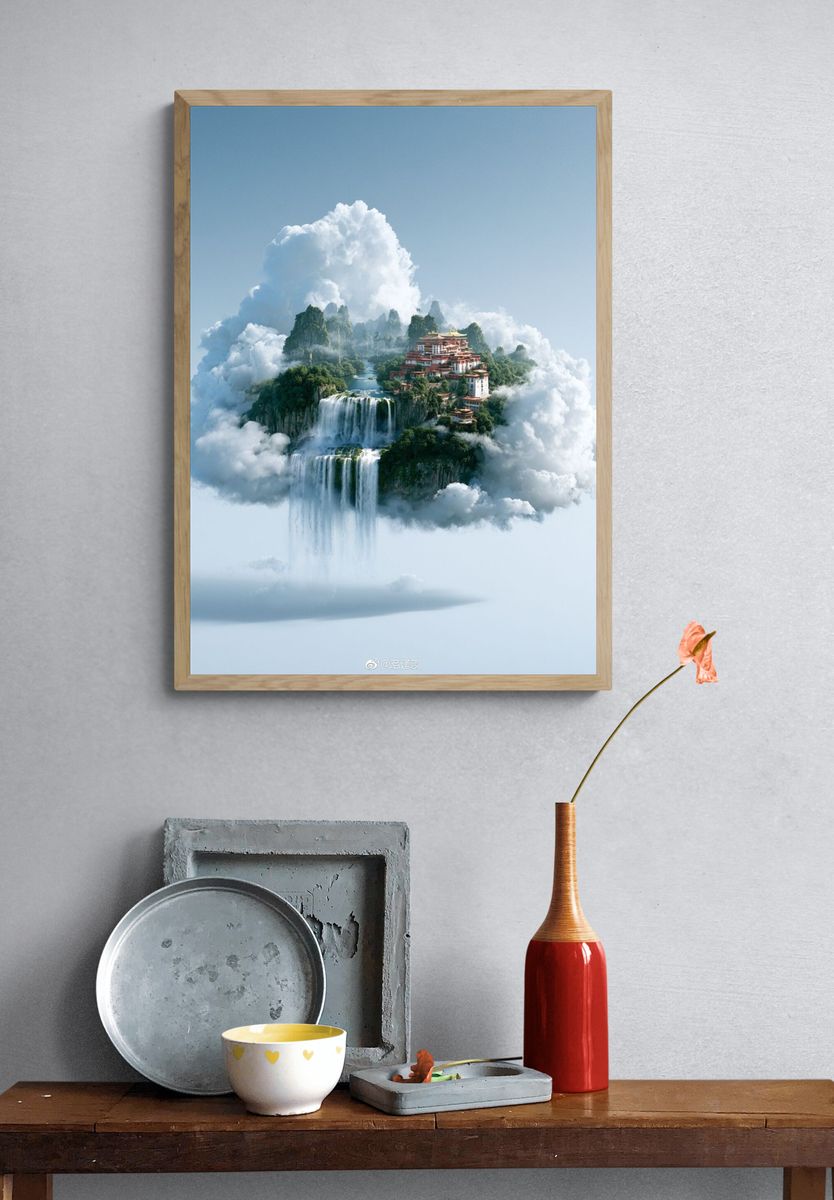 Cloud Temple Waterfall Fantasy Print. — room view 3