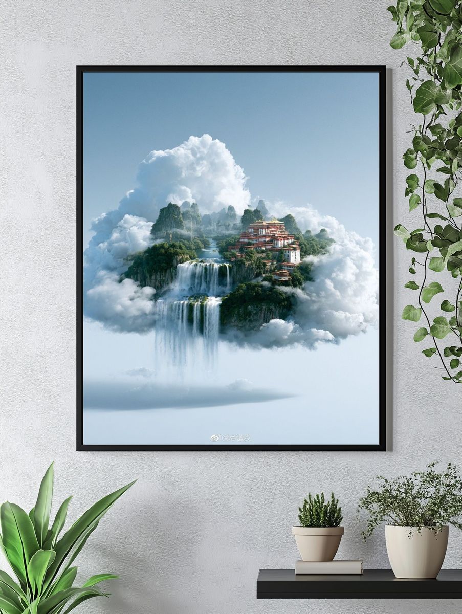 Cloud Temple Waterfall Fantasy Print. — room view 4