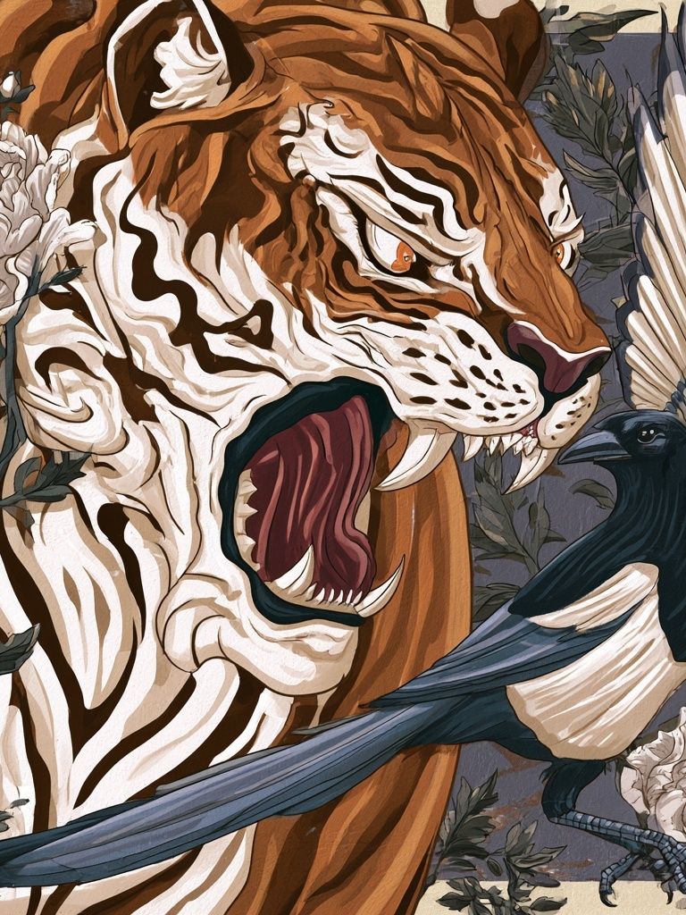 Tiger and Magpie Illustration Poster. poster detail