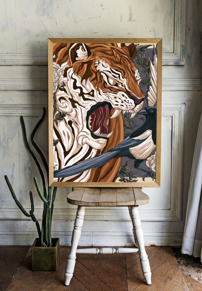 Tiger and Magpie Illustration Poster. room preview