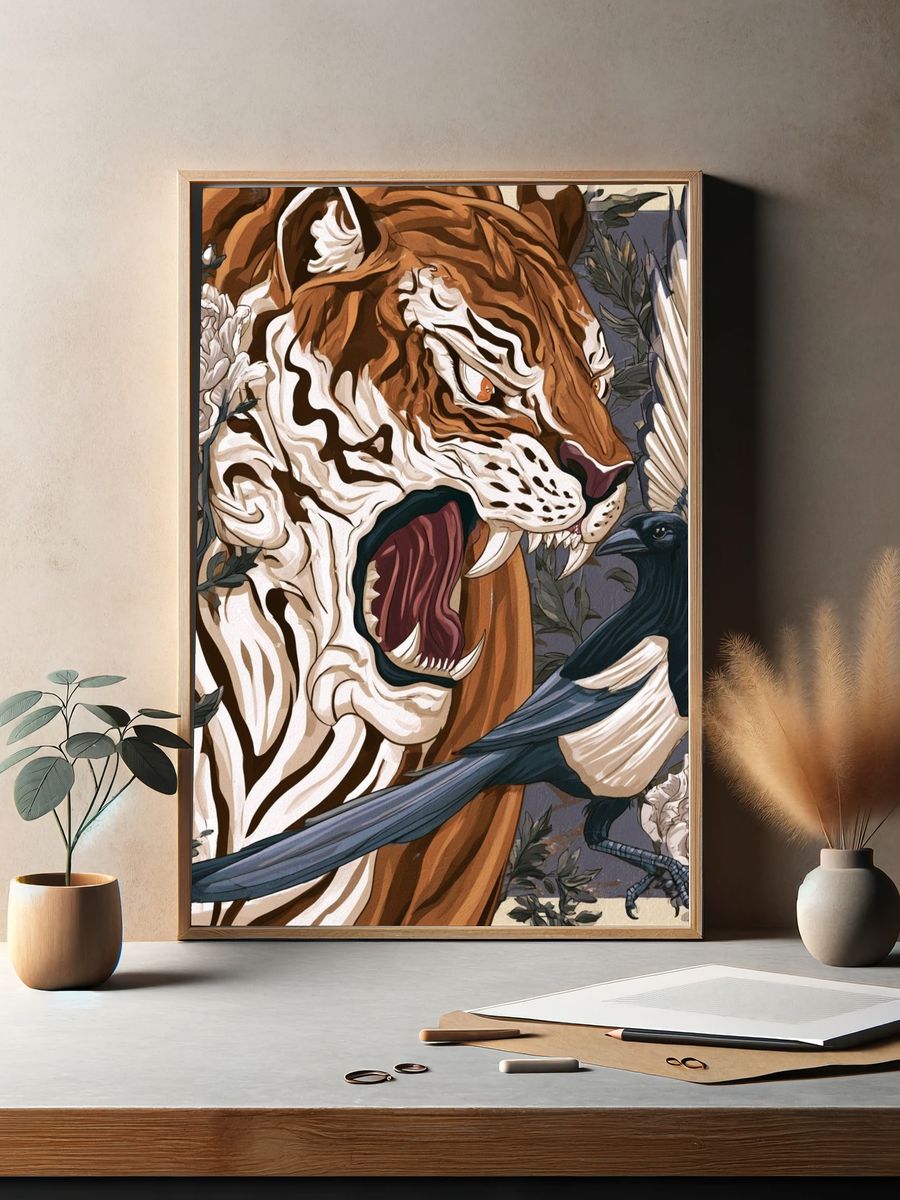 Tiger and Magpie Illustration Poster. — room view 2