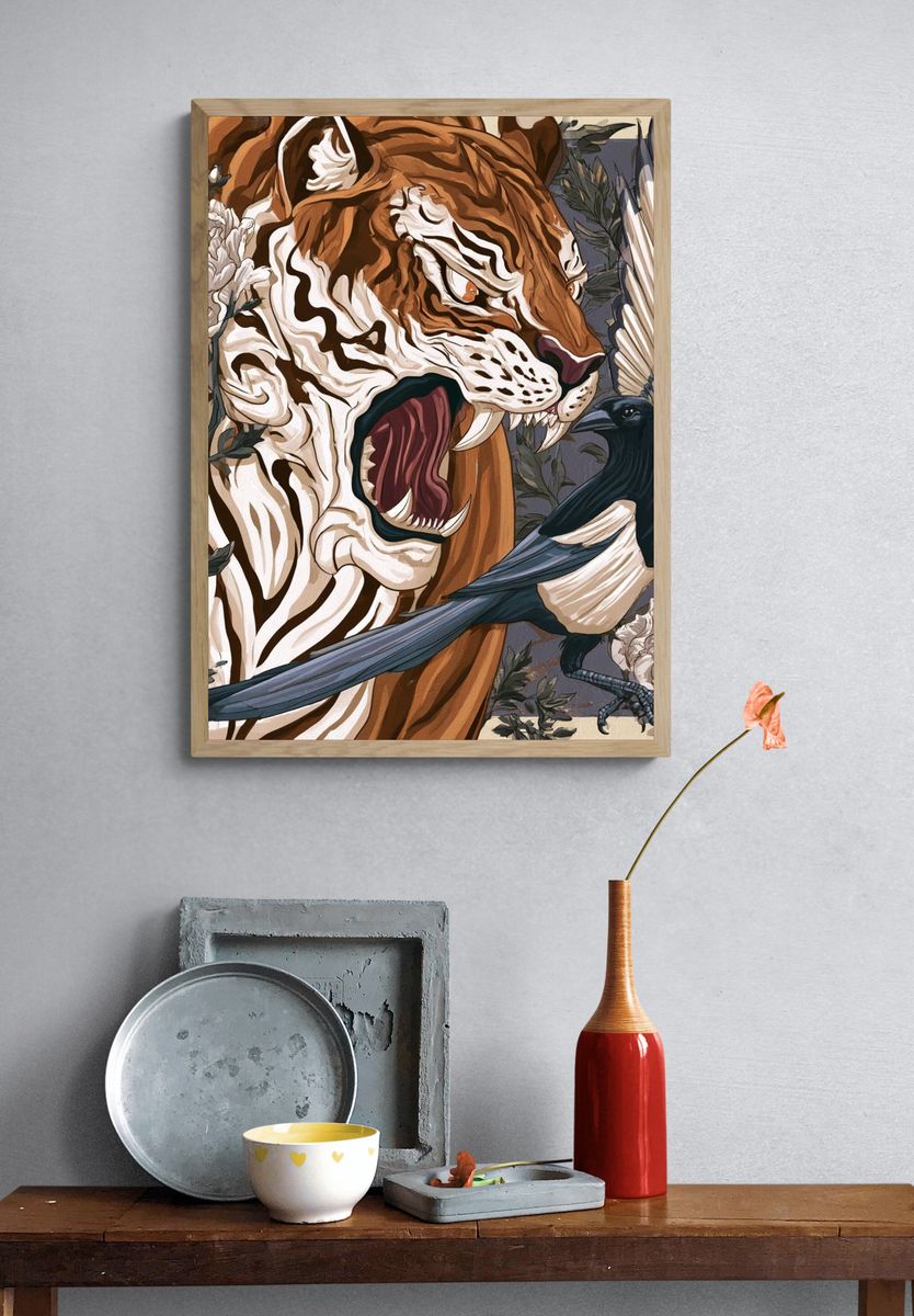 Tiger and Magpie Illustration Poster. — room view 3