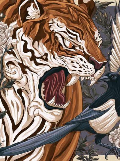 Tiger and Magpie Illustration Poster. poster